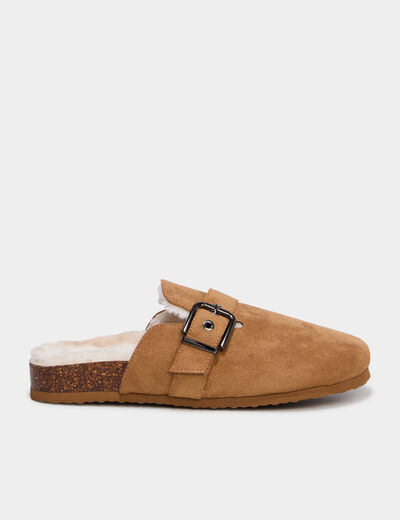 Mules fourr&eacute;es avec boucles marron femme
