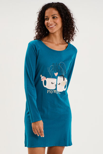 Chemise de nuit courte coton bleu canard femme