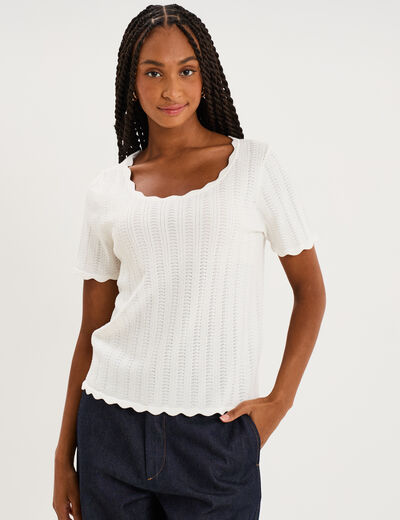 Pull ajour&eacute; col rond manches courtes blanc femme