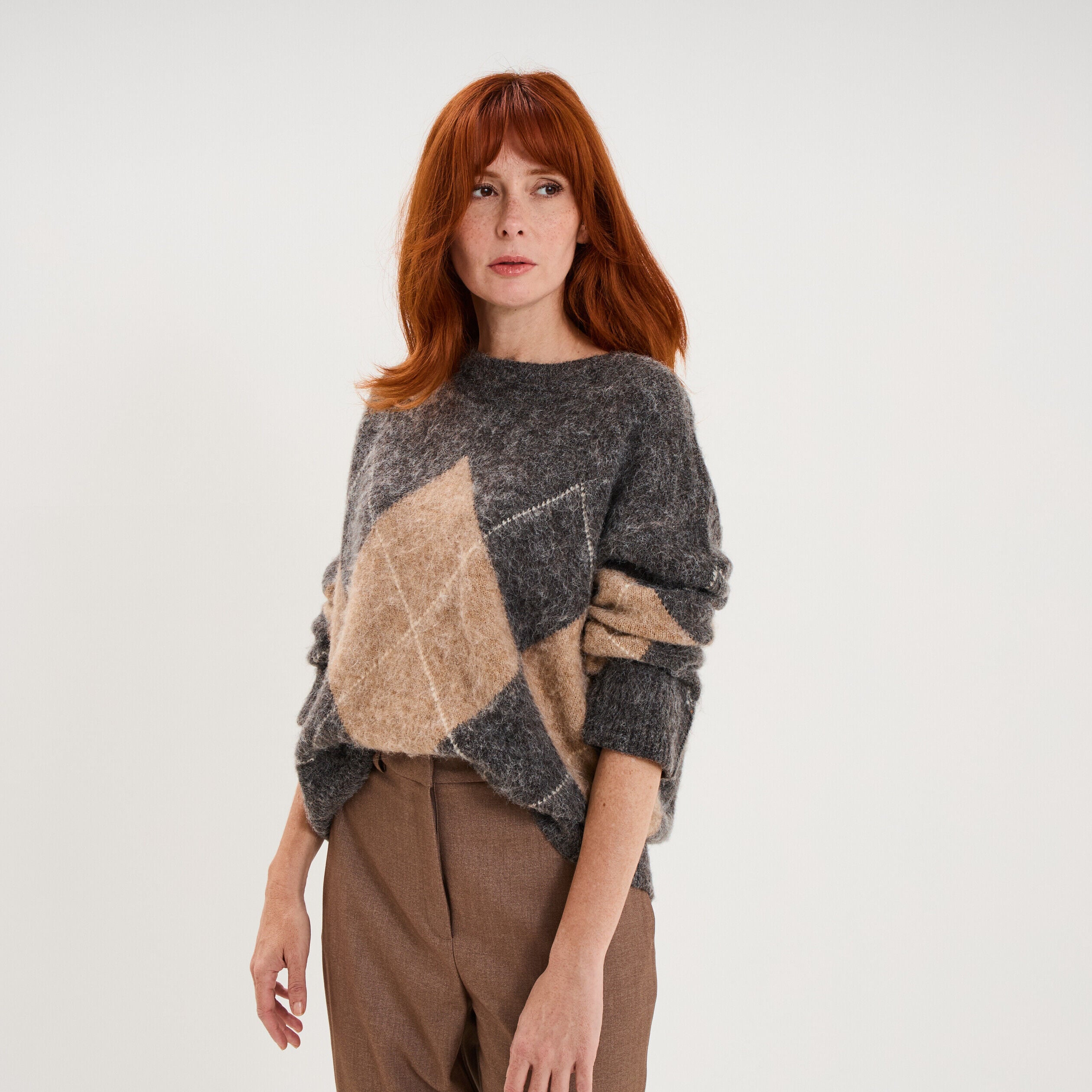 Pull col rond oversize en maille laine gris moyen femme