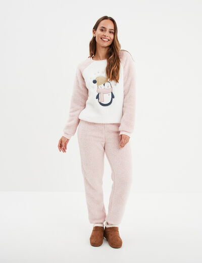Ensemble pyjama pantalon effet polaire rose pastel femme