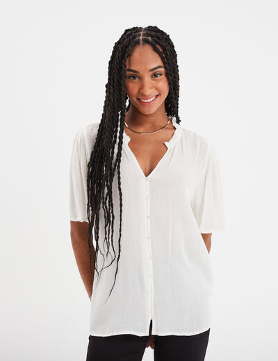 Chemise manches courtes fils métallisés blanc femme