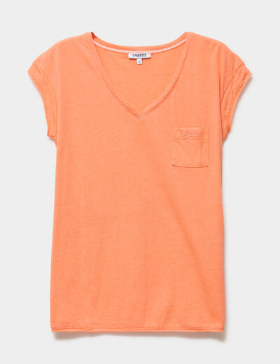 T-shirt col v poche poitrine orange corail femme