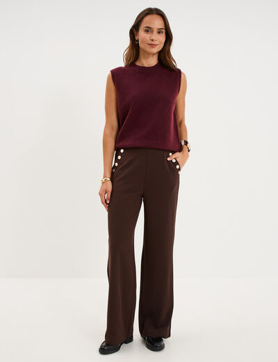 Pantalon &agrave; ponts flare effet cr&ecirc;pe marron fonc&eacute; femme