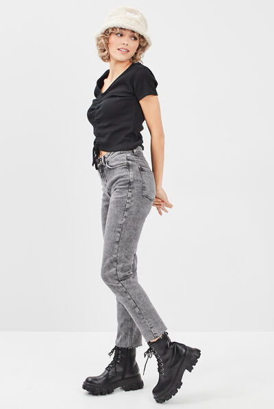 Jeans straight taille haute denim noir femme