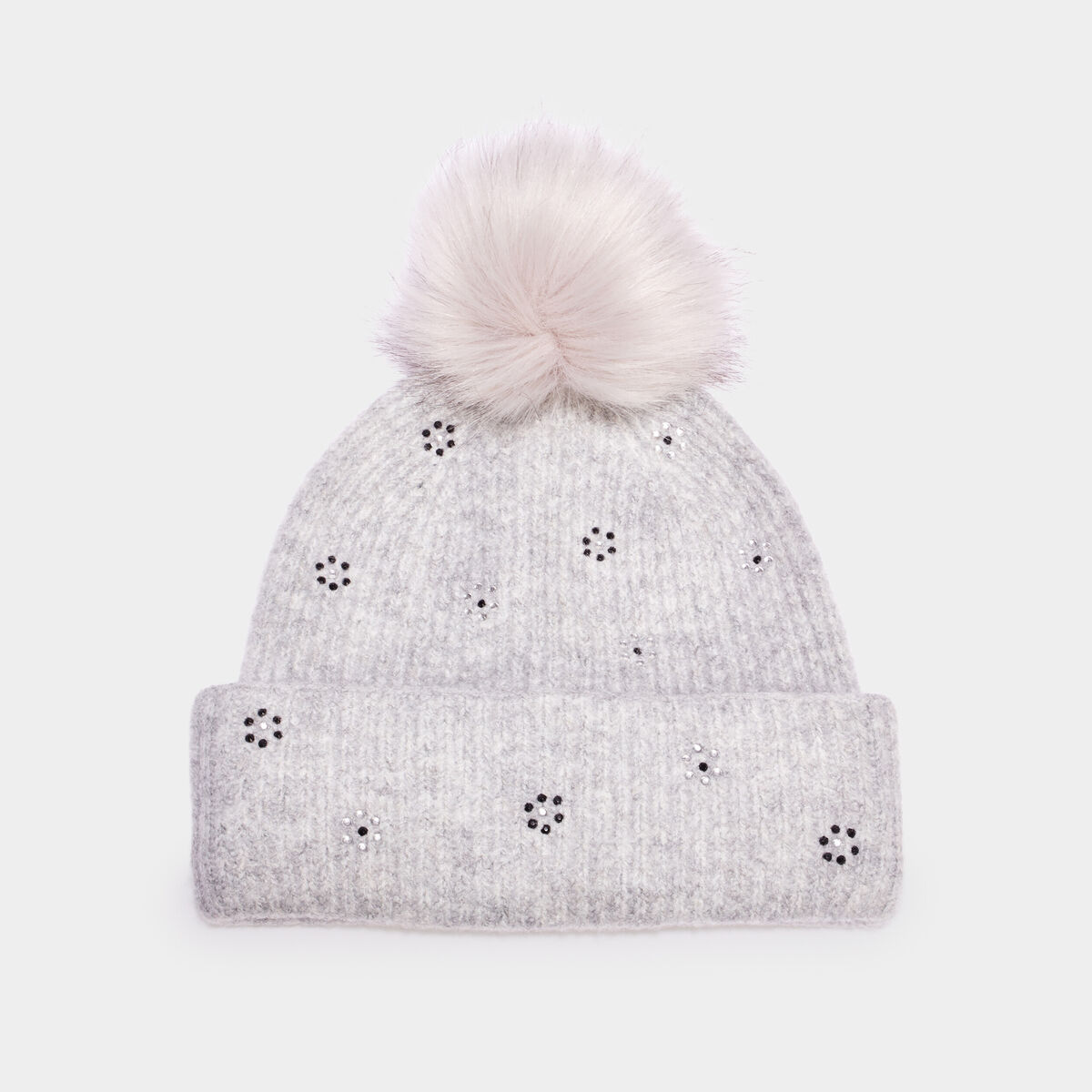 Bonnet à pompon effet fourrure et strass gris femme