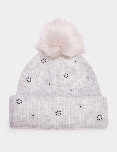 Bonnet à pompon effet fourrure et strass gris femme