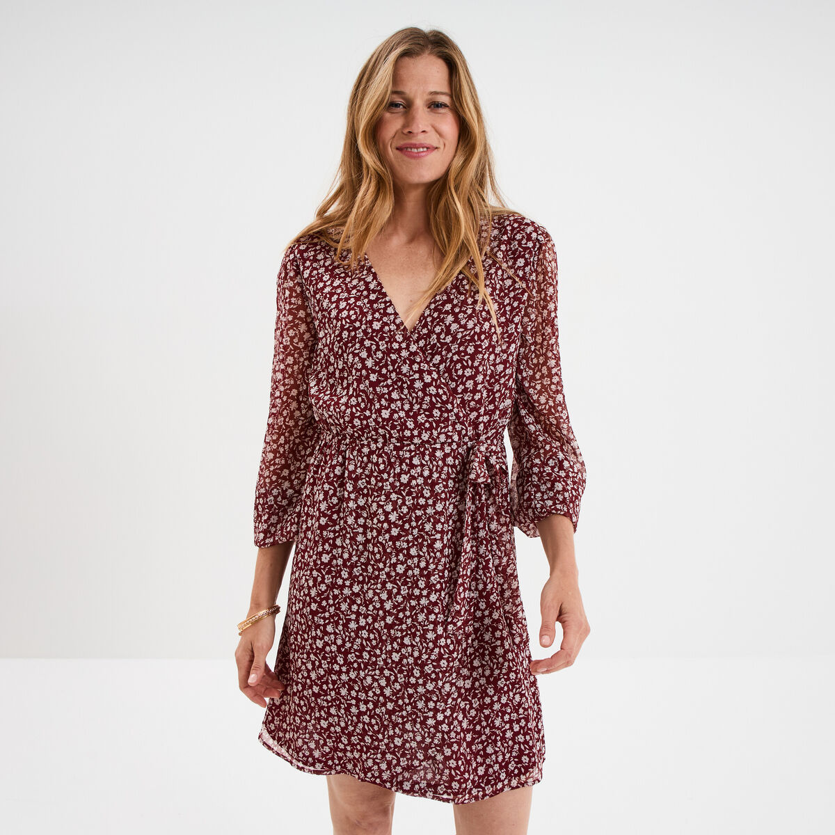 Robe manches longues col cache-coeur bordeaux femme