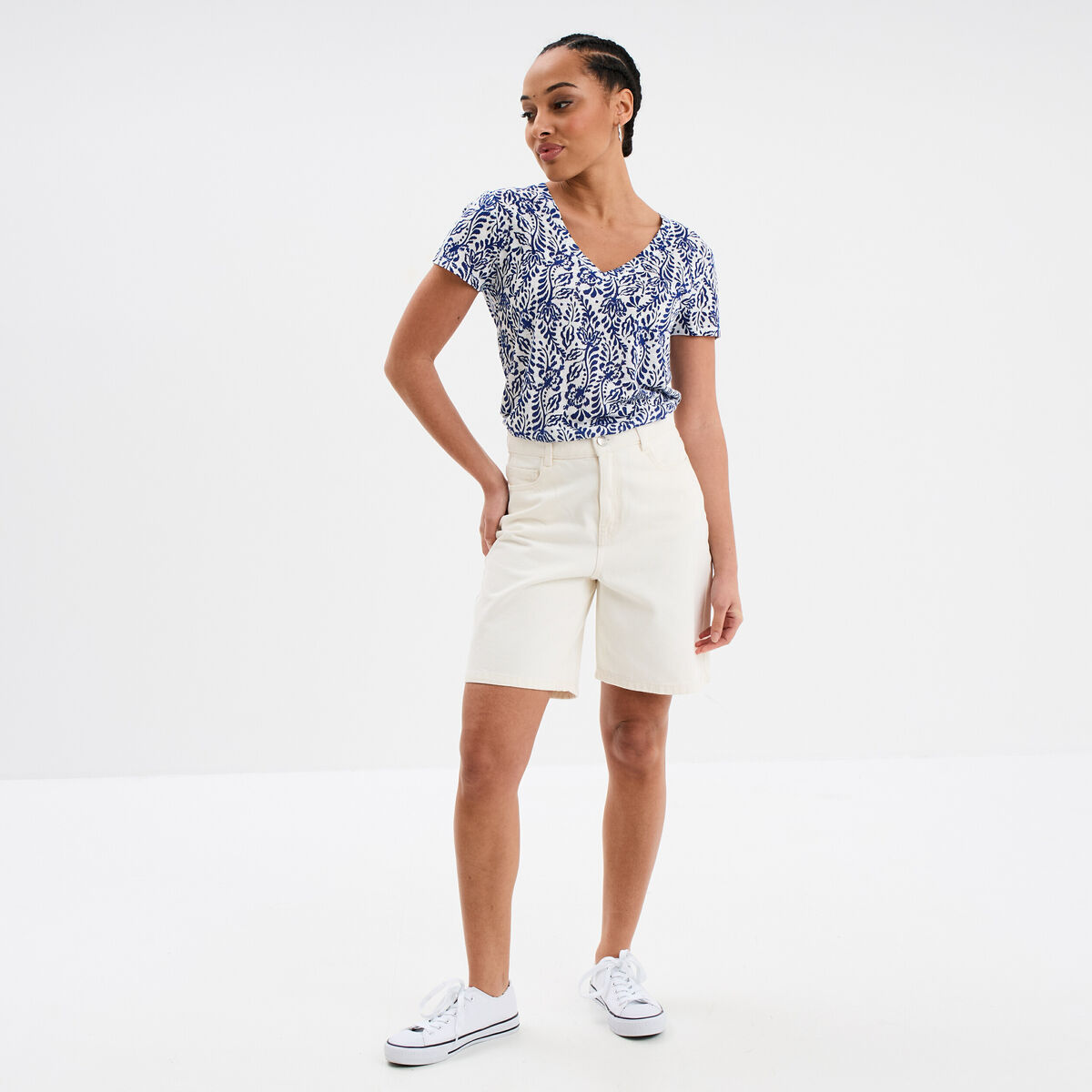 Bermuda droit coton ecru femme