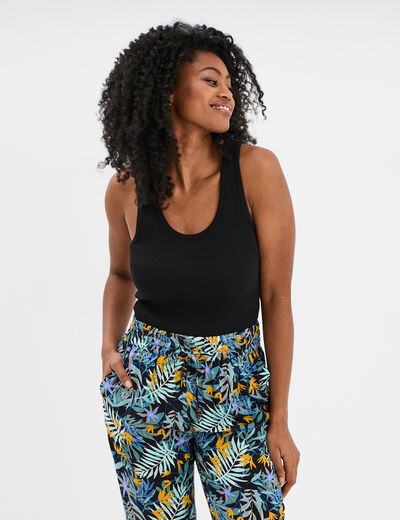 Débardeur col rond côtelé coton noir femme