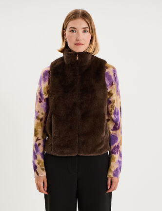 Gilet fausse fourrure col montant zipp&eacute; marron fonc&eacute; femme