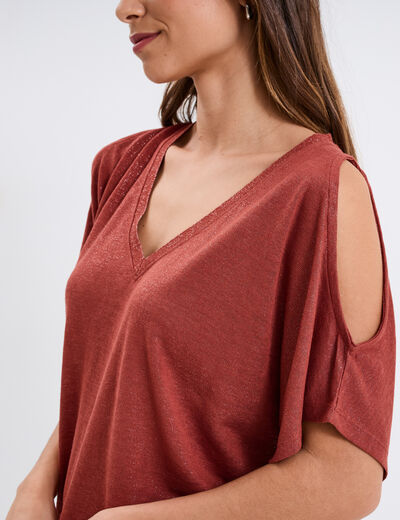 T-shirt épaules ouvertes col en V marron cognac femme