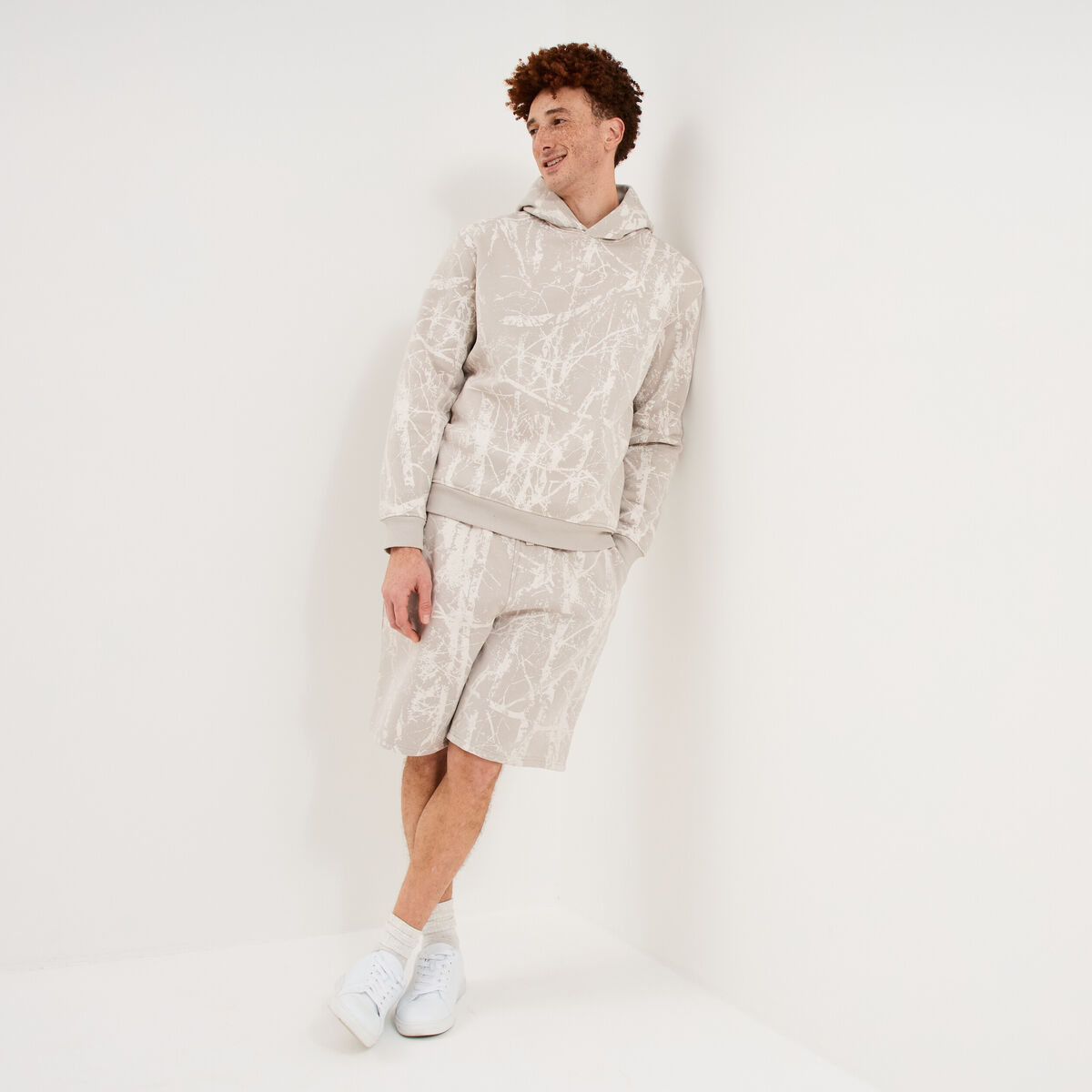 Sweat hoodie &agrave; capuche molleton beige clair homme