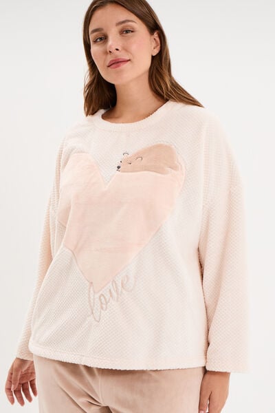 Ensemble pyjama effet velours 2 pi&egrave;ces creme femme grande taille