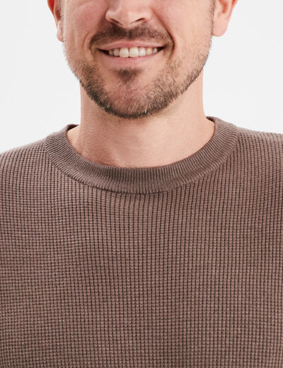 Pull en maille textur&eacute;e col rond taupe homme