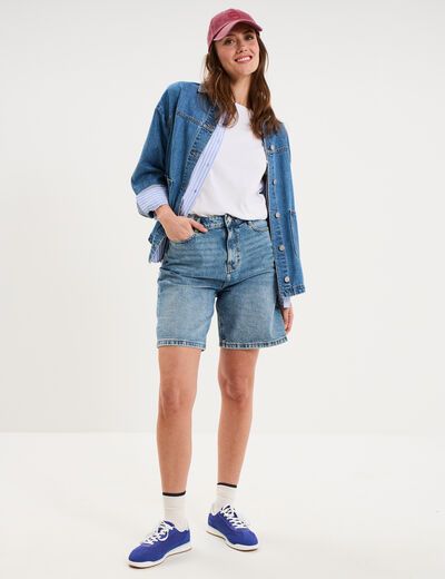 Bermuda short droit en jean coton denim double stone femme