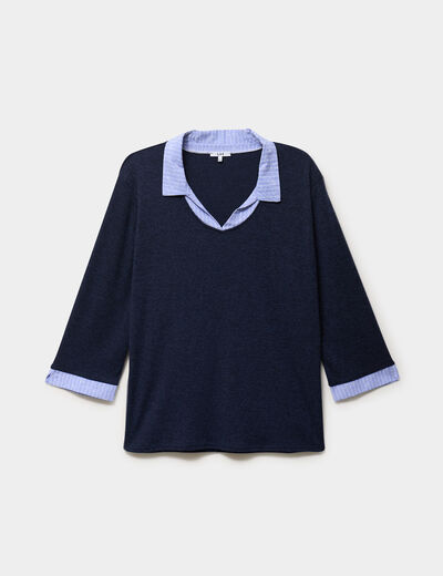 Pull effet 2-en-1 avec manches 3/4 bleu marine femme grande taille