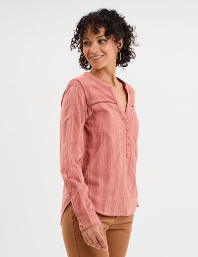 Blouse droite col mao coton vieux rose femme