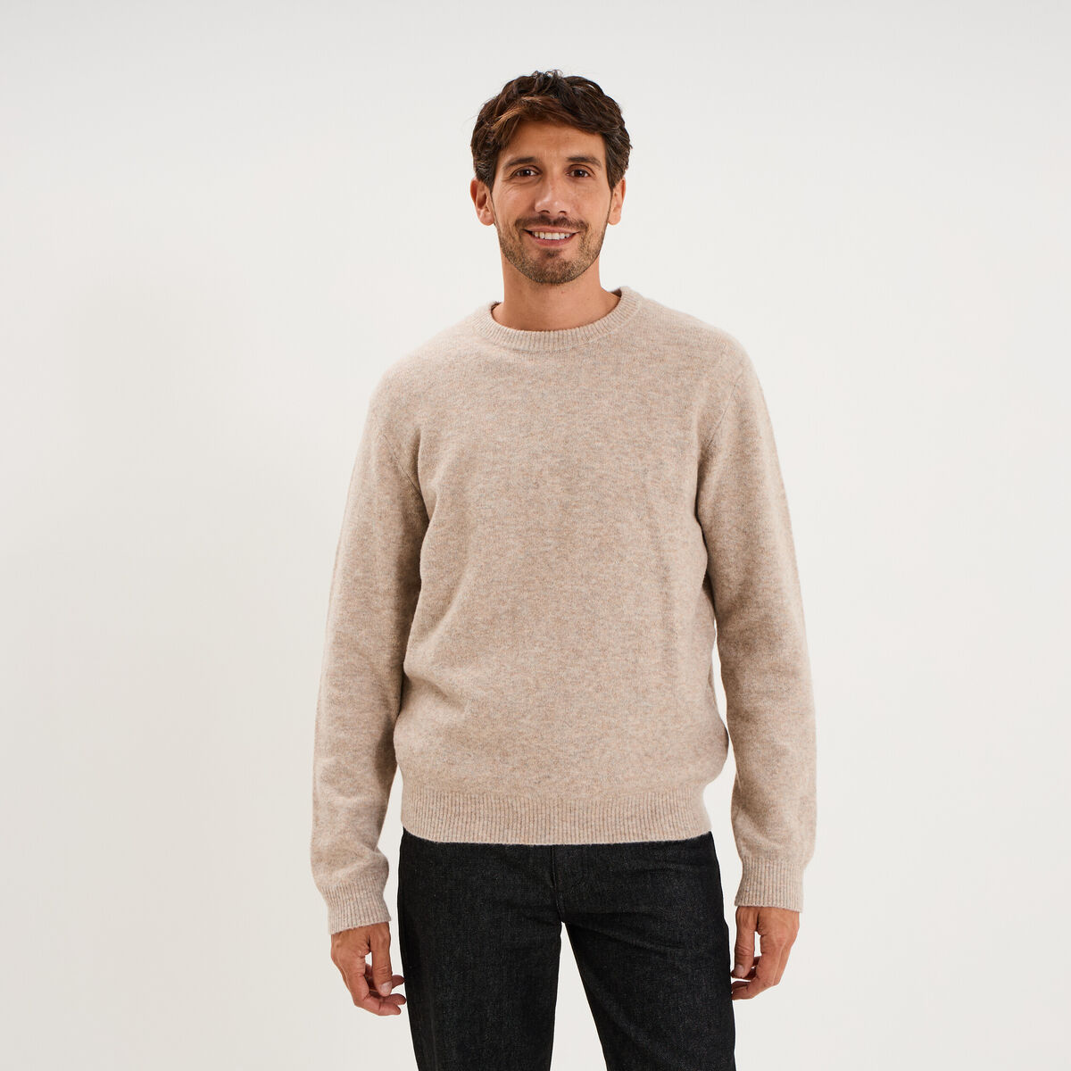 Pull col rond manches longues taupe homme