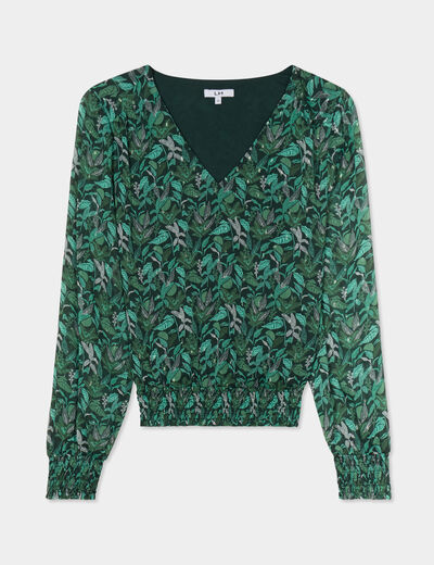 Blouse col en V manches longues vert femme