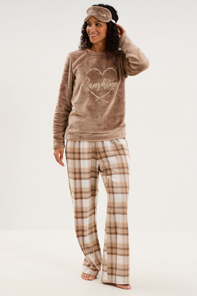 Ensemble pyjama effet polaire 3 pi&egrave;ces beige femme