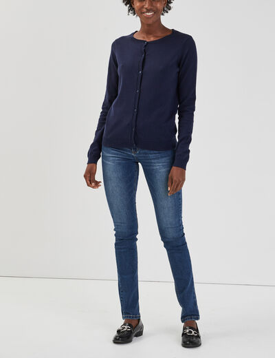 Gilet manches longues boutonné col rond bleu marine femme