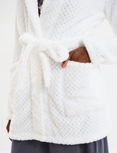 Peignoir mi-long effet polaire ceintur&eacute; blanc femme