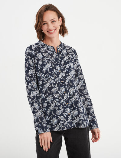 Chemise manches longues col mao bleu marine femme