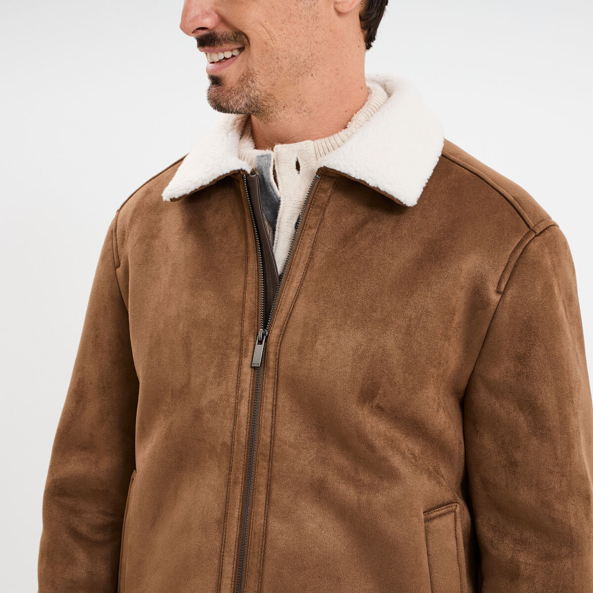 Blouson col aviateur effet su&eacute;dine marron homme