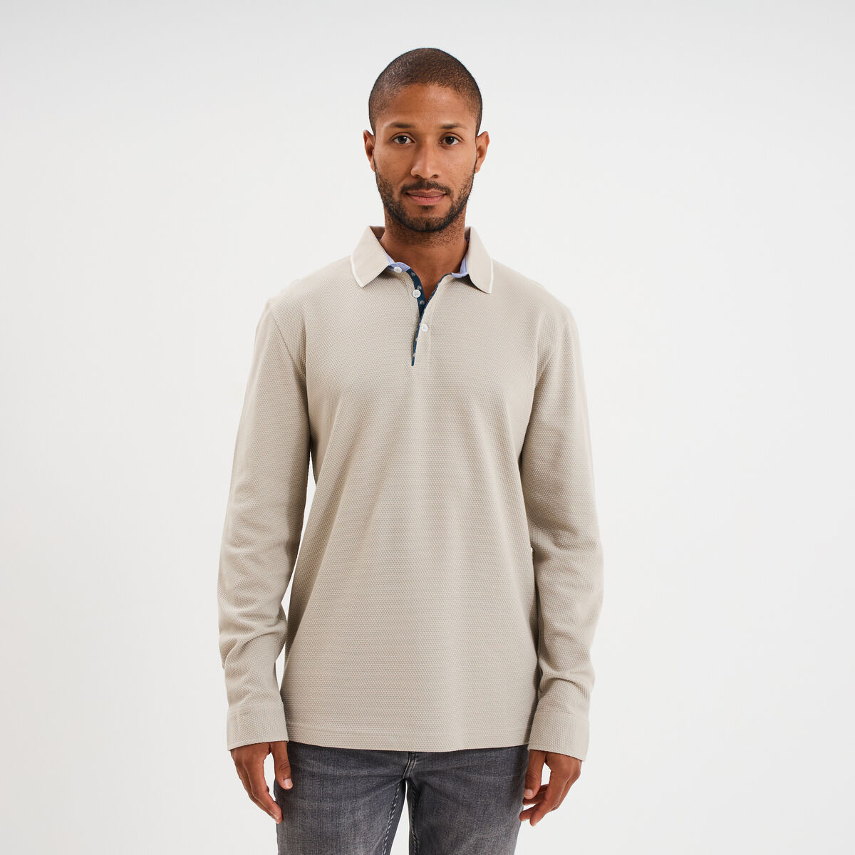 Polo piqu&eacute; droit manches longues coton gris clair homme