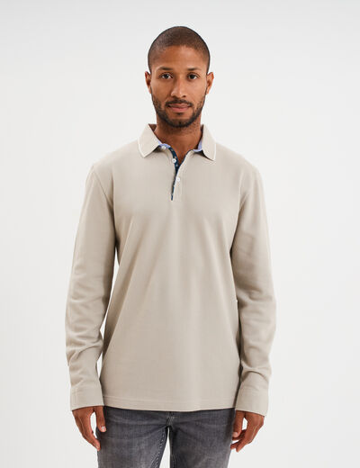 Polo piqu&eacute; droit manches longues coton gris clair homme