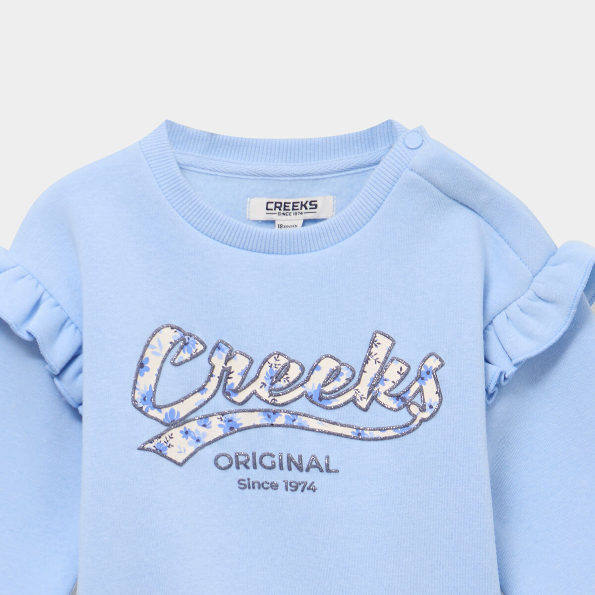 Sweat &eacute;paules &agrave; volants bleu gris b&eacute;b&eacute; fille