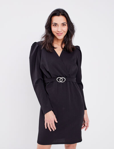 Robe cache-coeur à manches longues noir femme