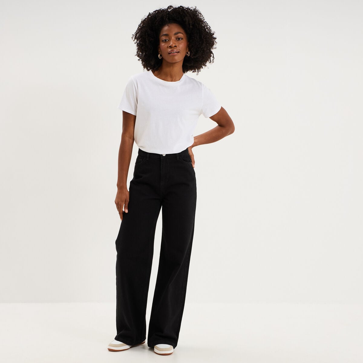 Jean large taille haute coton denim noir femme