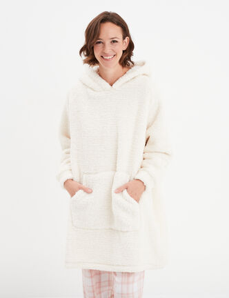 Sweat long à capuche effet laine mouton ivoire femme