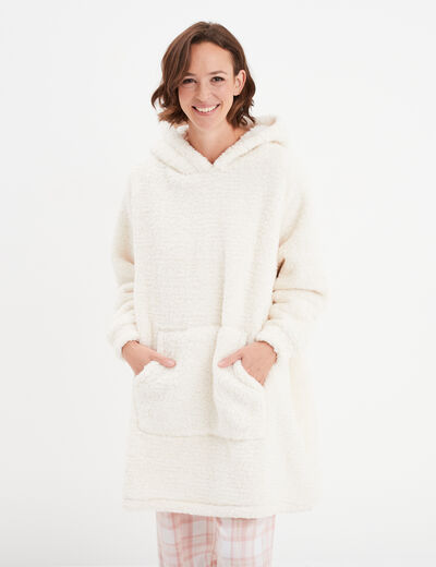 Sweat long à capuche effet laine mouton ivoire femme