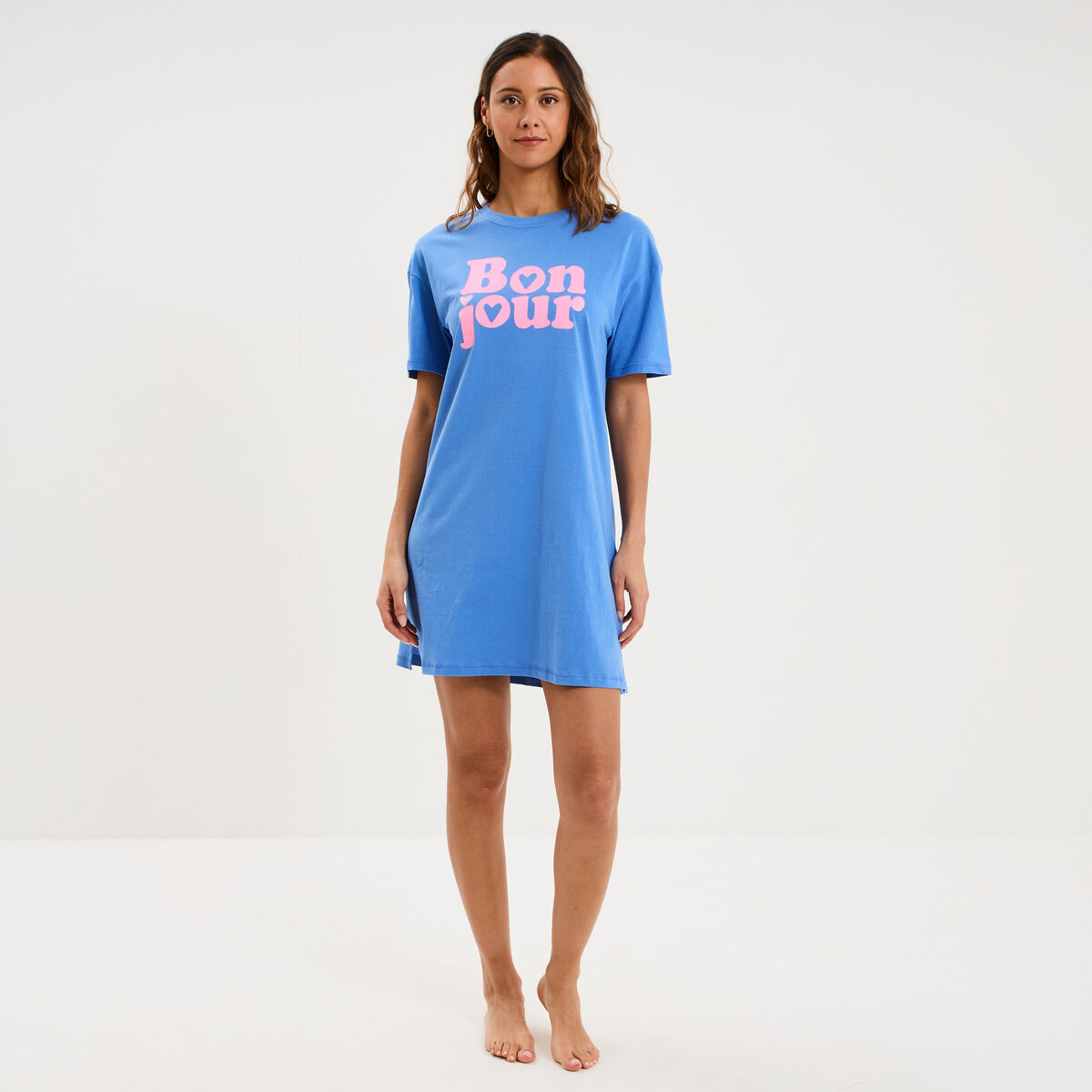 Chemise de nuit coton manches courtes bleu electrique femme