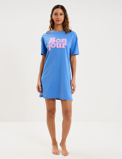 Chemise de nuit coton manches courtes bleu electrique femme