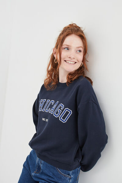 Sweat col rond manches courtes Creeks bleu marine femme