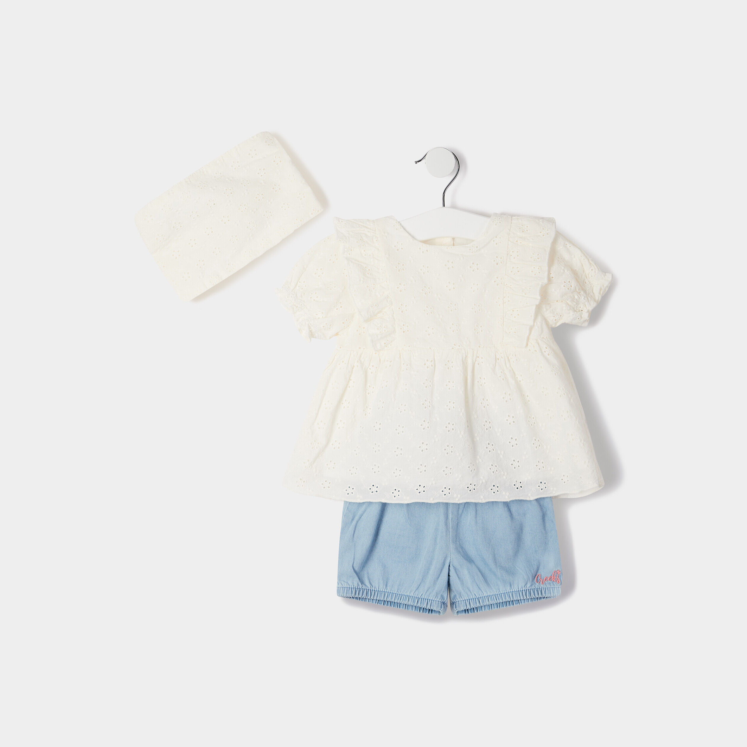 Ensemble 3 pièces coton avec broderie denim bleach bébé fille CREEKS