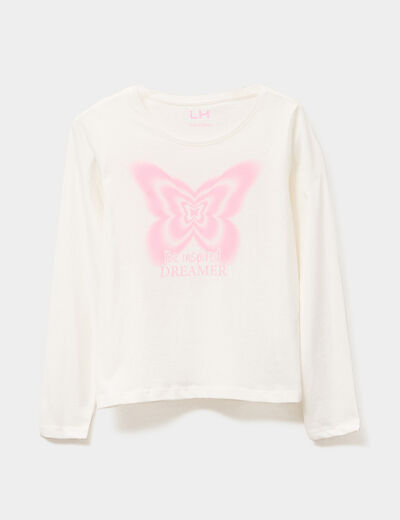 T-shirt col rond manches longues coton ivoire fille