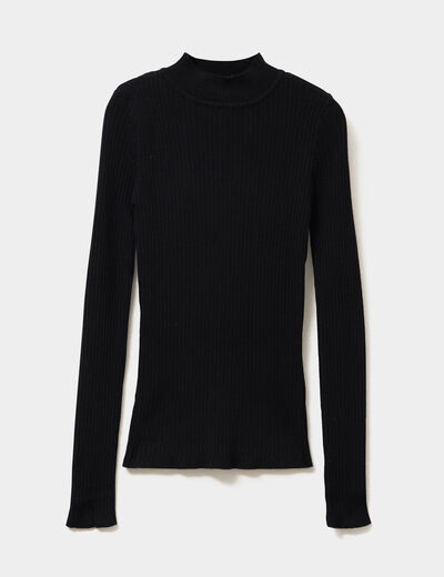 Pull ajusté côtelé col montant noir femme