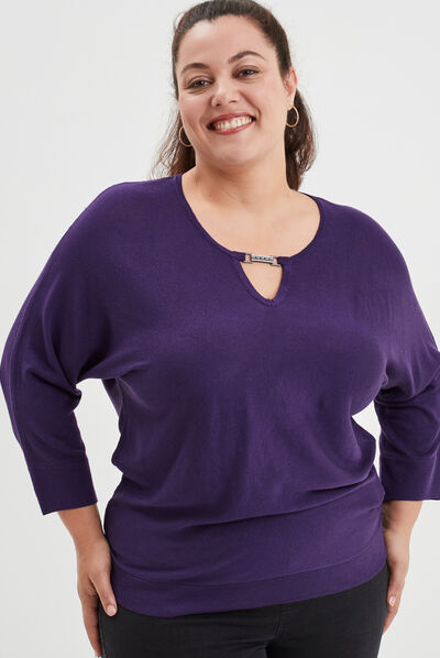 Pull manches chauve-souris détail bijou violet femme grande taille