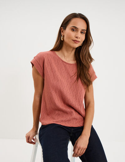 T-shirt ajour&eacute; manches courtes terracotta femme