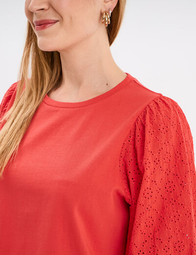 T-shirt coton manches broderie anglaise rouge femme