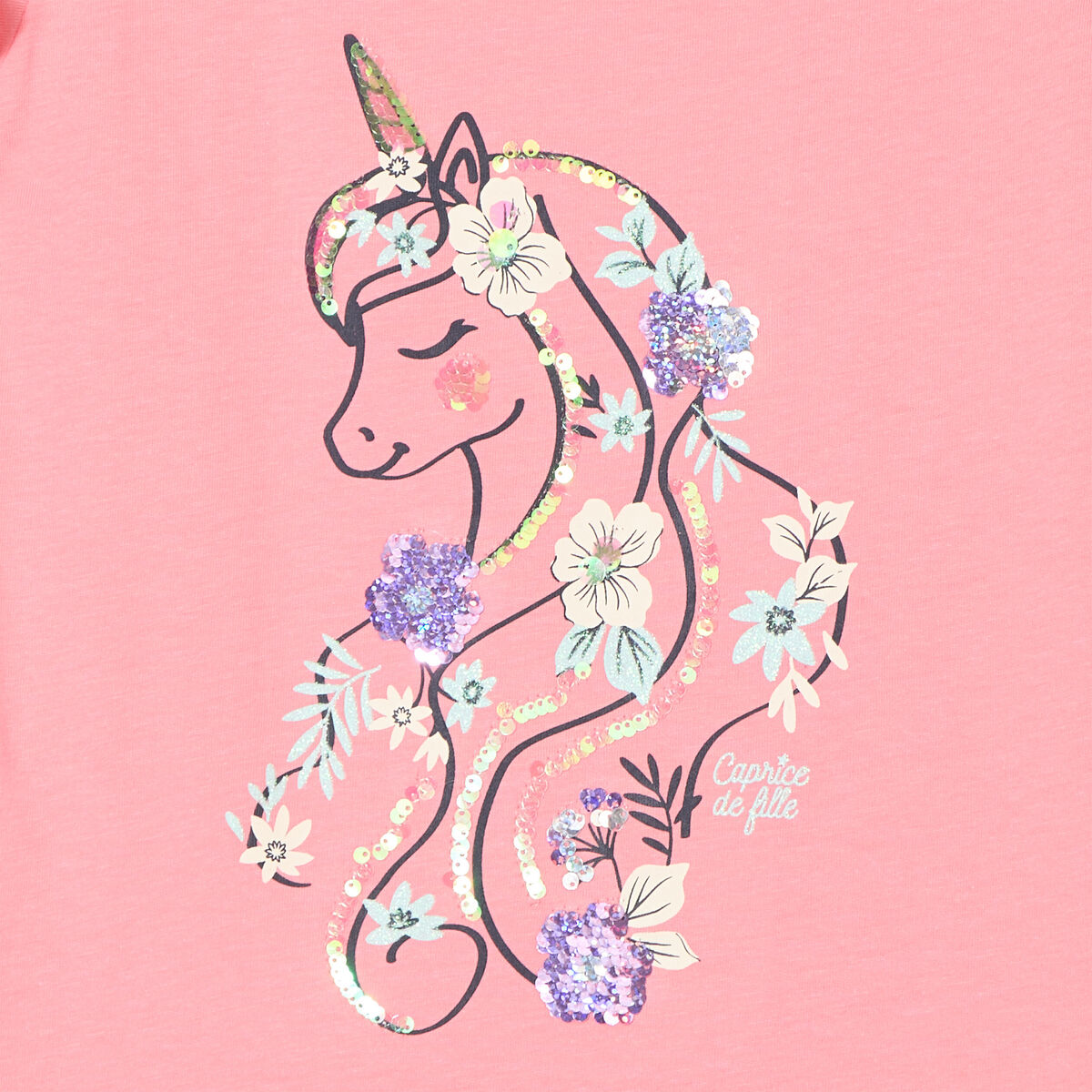 T-shirt à sequins manches volants coton rose fille