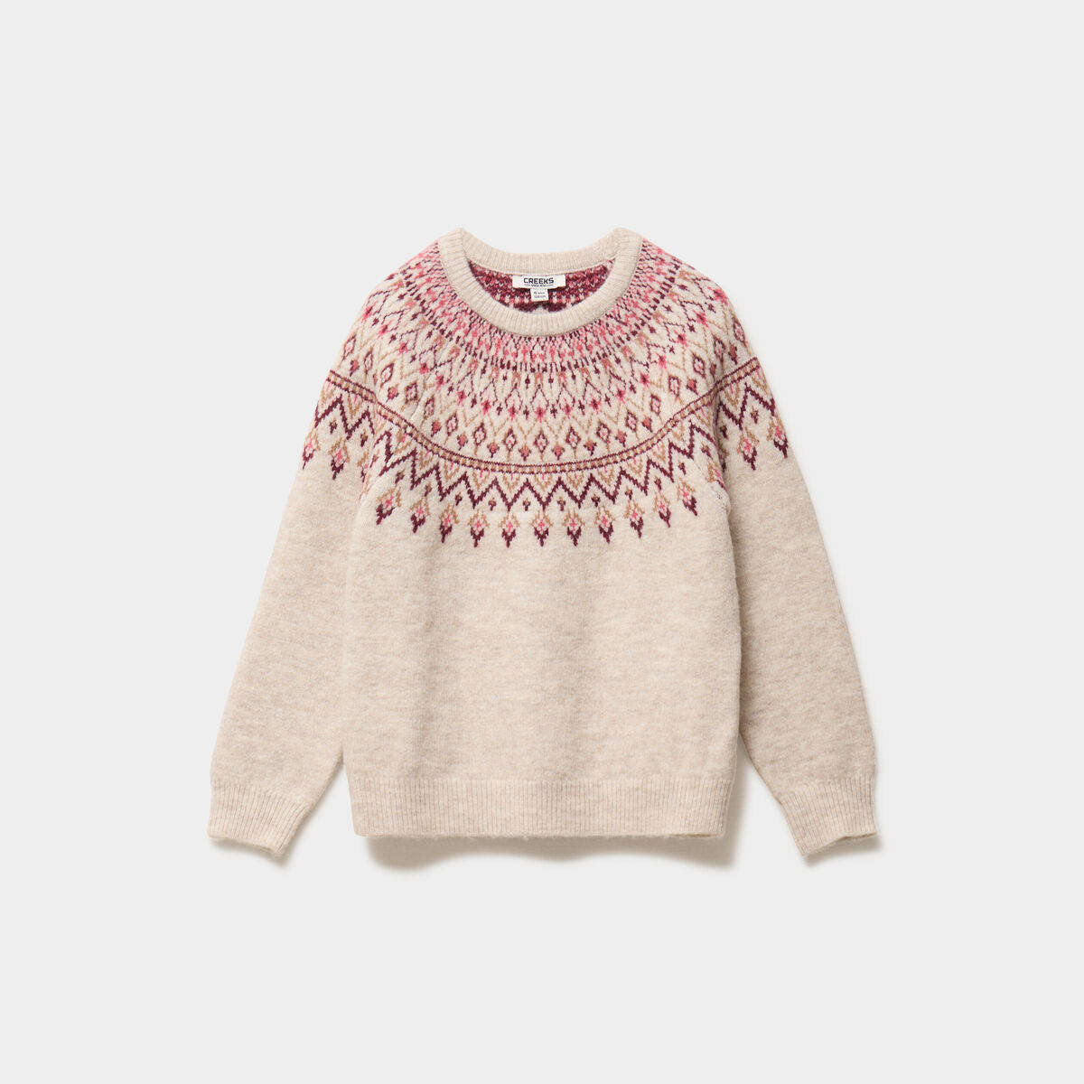 Pull jacquard col rond manches longues ecru fille