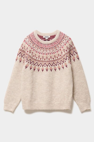 Pull jacquard col rond manches longues ecru fille