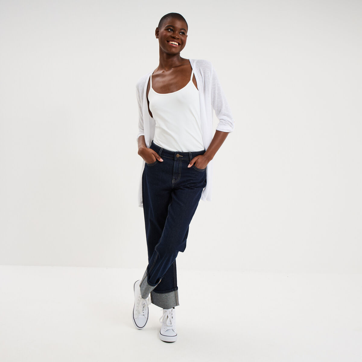Gilet fin mi long manches 3/4 blanc femme