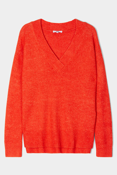 Pull col en V fentes aux côtés rouge corail femme